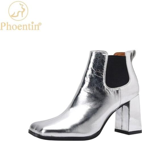 Phoentin Womens Fashion Chelsea Ankle Boots high heel Genuine Leather sexy party Shoes winter short boot gold silver FT1679