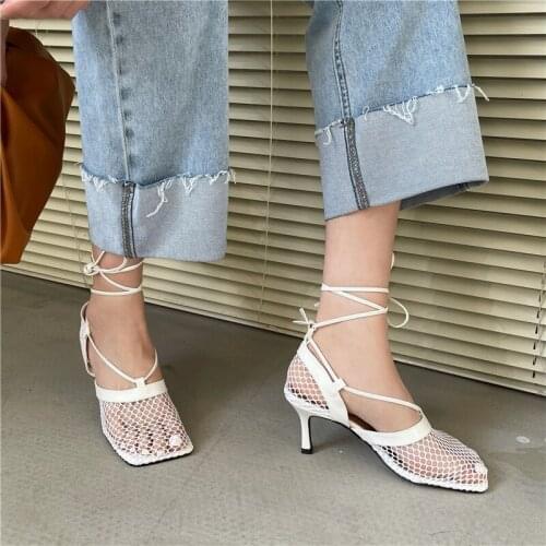 Sexy Heels 2021 Square Toe Mesh Ladies Pumps White Strapper Designer Shoes Green Pumps High Heels Hakken Schoenen Vrouw