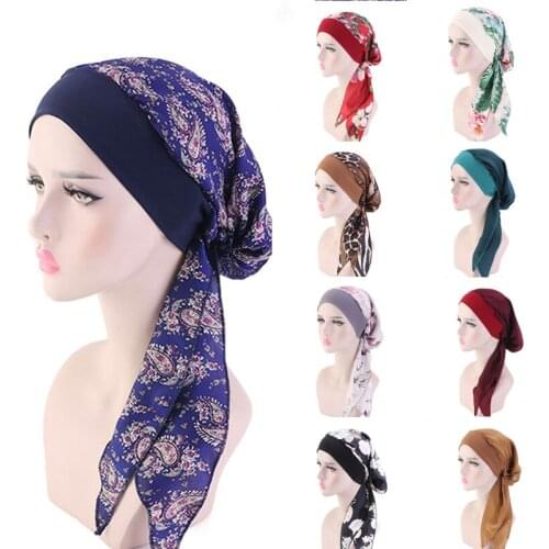 Women Muslim Inner Hijab Flower Print Hat Turban Cancer Chemo Head Cover Wrap Pre-Tied Bandana Fashion Charming Cancer Hair Loss
