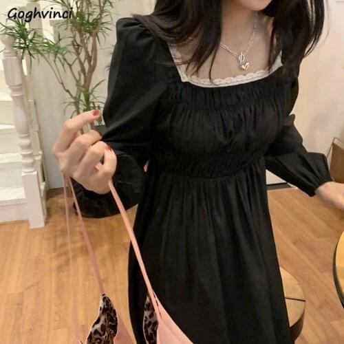 Women Long Sleeve Dress Lace Patchwork Puff Sleeves Square Collar Pleated Mid-calf Length Sweet Students Elegant Ulzzang Chic