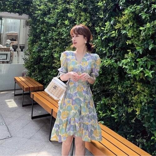 Floral Dresses Women Ruffles Korean Style Chic Trendy Popular Elegant Slim Ulzzang Female Leisure Vestido Feminino Chiffon Ins