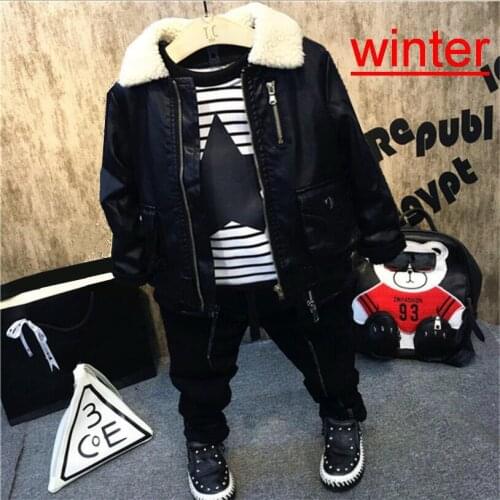 Boy Winter Set Childrens Clothing Child Faux Leather Coat + Thicken T-Shirt + Jeans 3pcs Sets Boy Sweatshirts Casual Suits