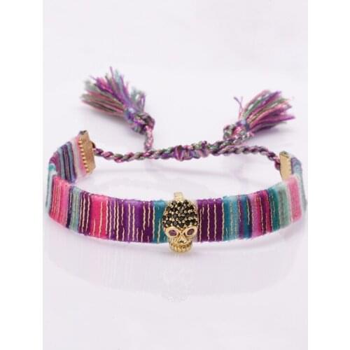 2020 jewelry ethnic boho soft cotton silk tassel band mix cz paved skull charm adjustable bracelet for woman birthday best gift