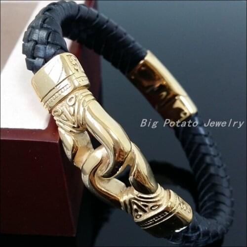 22.5cm*12.5mm 53g Fashion 100% 316L Stainless Steel Gold Jewelry Classic Black Leather Bracelets Bangles For Men Boy