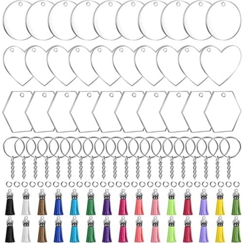 30 Pieces of Acrylic Blank Jewelry Set with Transparent Blank Leather Tassel Key Chain Ring Vinyl Craft Jump Ring