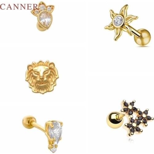 CANNER 1PC 925 Sterling Silver Earrings For Women Hip Hop Lion Head Crown Oval Star Awn Piercing Stud Earring Jewelry Pendientes