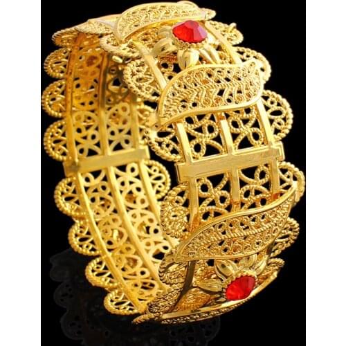 African Copper Wide Bangle Big Bracelet Real 24 k Fine Solid Yellow Gold Filled HIP Women Red CZ Dubai Brand Jewelry Accessories