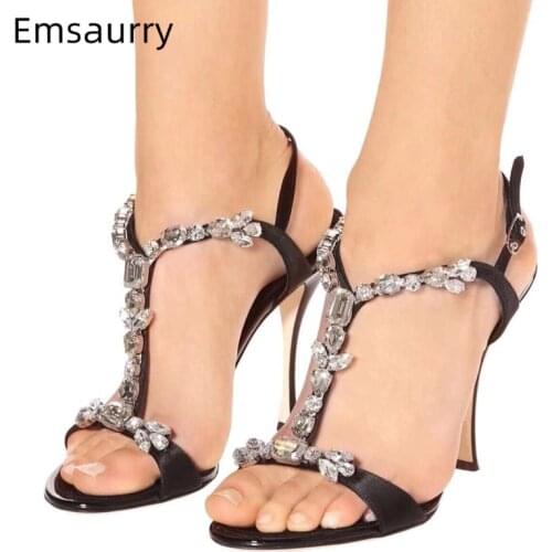 Jeweled T-strap Banquet Shoes Woman Luxury Satin Thin High Heel Open Toes Crystal Rhinestone 2021 Summer Sandals Women