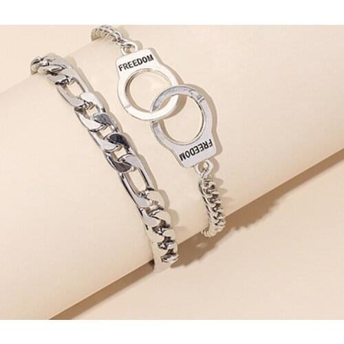 2pcs/set Punk Chain Handcuffs Freedom Letter Ankle Bracelets for Women Silver Color Chains Friends Anklets Beach Jewellery E002