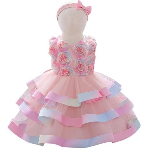 Baby birthday party mesh flower pomp cake dress 2021 new childrens dress send hair dress 0-5 years old gradient dress