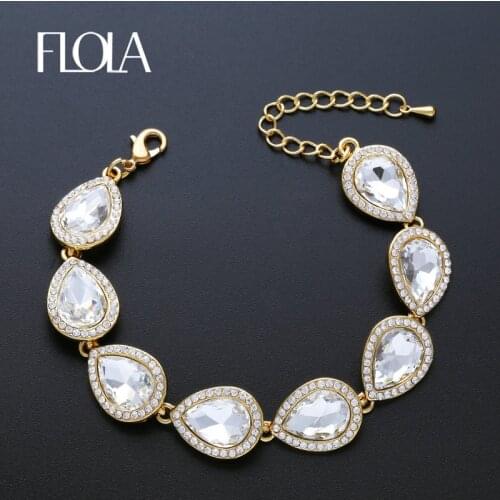 FLOLA Teardrop Gold Crystal Wedding Bracelets Gold Womens Charm Bracelet for Women Bride Wedding Accessories Fine Jewelry brtj71
