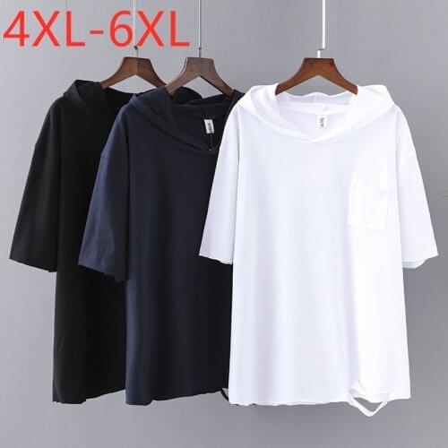 New 2021 Ladies Summer Plus Size Hoodie For Women Large Short Sleeve Loose Cotton Blue White Pocket Hole T-Shirt 4XL 5XL 6XL