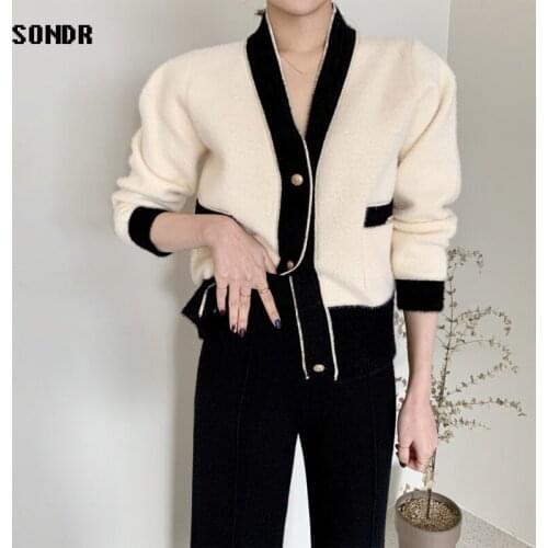 Cardigan Sweater WomenS Short Coat Fall Winter 2020 Fluffy Contrast Korean Fashion Single-Breasted Outside Knitted Sweater Coat
