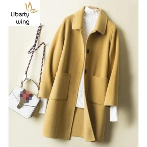 Korean Peter Pan Collar Straight Soft Womens Woolen Long Sleeve Single Breasted Pockets Solid Female Medium Length Coats