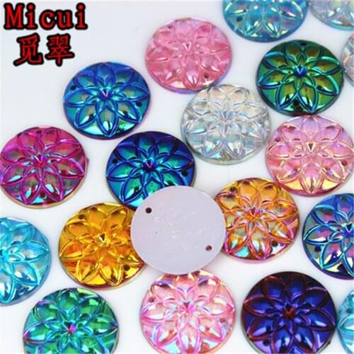 Micui 50PCS 20mm AB Round Flower Acrylic Rhinestones Crystal Flat Back Beads Sew On Stones For Clothing Craft Decoration ZZ547