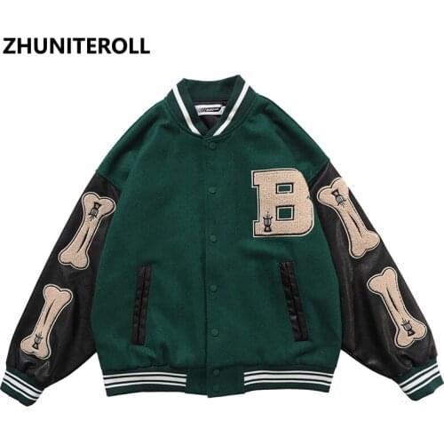 High Street Furry Bone Letter Patch Color Block Patchwork Harajuku Preppy Style Bomber Jacket Men Baseball Coats Streetwear