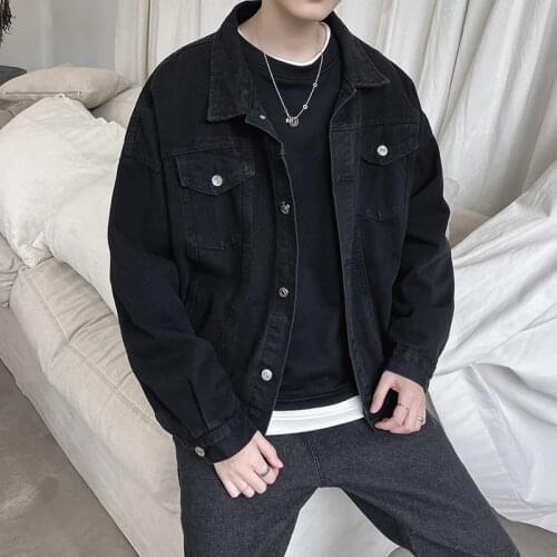 New Spring autumn men denim jacket Casual Black loose coat Ribbons Pockets Windbreaker Hip Hop Streetwear Retro Bomber Jacket