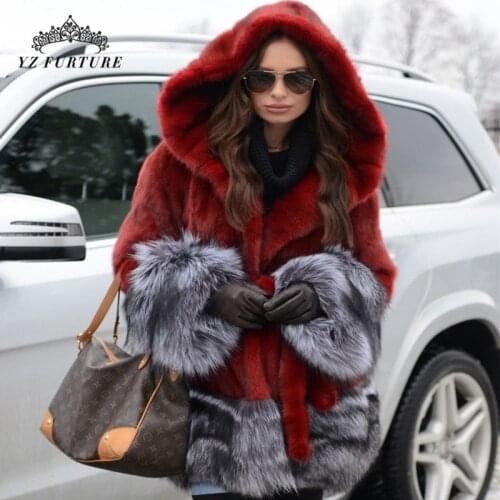 Natural 100% Real Mink Fur Long Red Coat Woman With Long Sleeve and Belted Outerwear Jacket With Warm hat Lady Coat MKW-230
