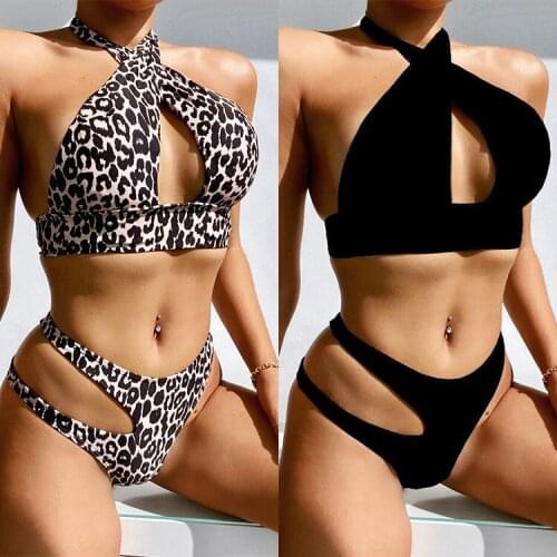 2021 Summer New High Waist Womens Split Swimsuit Sexy Leopard Print Hollow Bandage Fashion Wading Sportswear