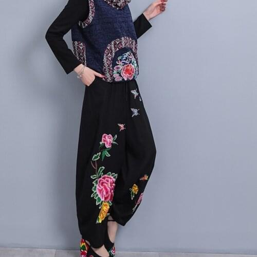Online Chinese Store 2020 Plus Size Women Clothing Female Elastic Waist Pants Butterfly Embroidery Harem Pant Trousers TA1938