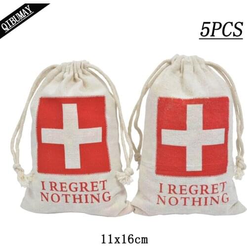 QIBU 5pcs 11*16cm Original Line Jute Hemp Drawstring Pockets Printed Gifts Bag Birthday Wedding Party Decoration DIY Crafts Bags