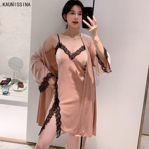 Autumn Spring Nightgown and Robe Set Women Two Piece Sleepwear Velvet Lace Sexy Robe Sets Homewear Female Lounge Nightwear