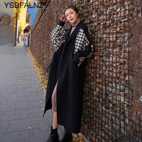 Coats Female Woolen Long Winter New Christmas Red Korean Loose Plaid Vogue Stitching Vogue Wool Warm Womens Jacket Clothing