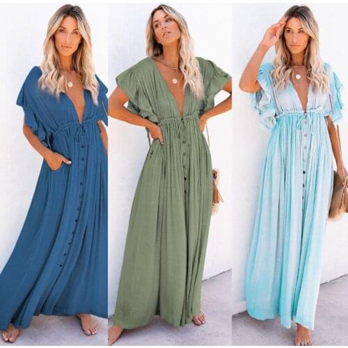 Dress Women Summer hot style slubbed fabric buttons pumping waist line prevented bask beach Dresses Casual Vestidos ZXP9066