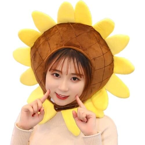 Japanese Style Lovely Sunflower Shape Plush Hat Funny Stuffed Toys Headgear Warm Cap Holiday Cosplay Party Photo Props