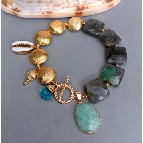 YYGEM Gold Plated Brushed Coin Bead Natural Labradorite Faceted Square Shell Bracelet Amazonite Charm