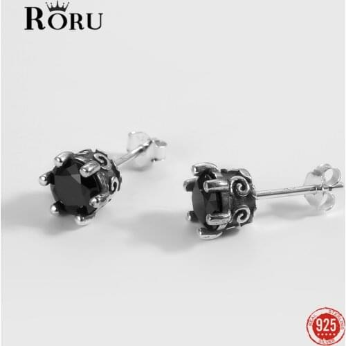 Real 925 Sterling Silver Oxidized Stud Earrings Black Zircon Simple Earring for Women Fashion Classic Ear Jewelry Gift