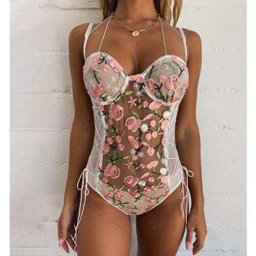 Sexy One-piece Womens Transparent Lace Floral Embroidered Lace Bodysuit Ladies Bodysuit Ladies Teddy Bodsyuit