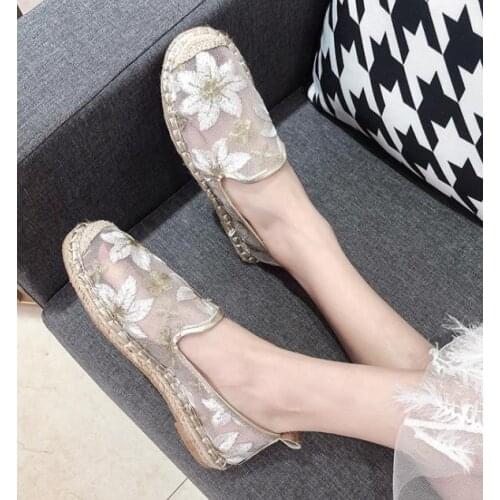 New Mesh Bling Half Slippers Women Mules Fish Scales Slides Woman Shoes Hemp Flat Heel Shoes Women Cotton Fabric Shoes35-43