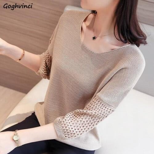 Sweaters Women Spring Three-quarter-sleeve Hollow Out Pullovers Womens Autumn Solid Tops Loose Ulzzang Stylish Elegant Simple