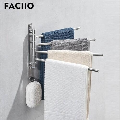FACIIO Wall Mounted Bathroom Towel Holder 180 Degree Rotation Hooked Four Bars Towel bar Simple Stainless Steel Towel Hanger