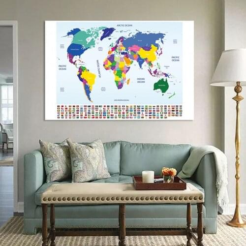 Vintage The World Map with National Flags 150*100cm Wall Art Poster Decorative Canvas Painting School Supplies Home Decoration
