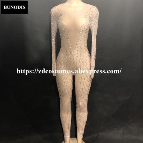 ZD281 Women Sexy Net Yarn Jumpsuit Full Of 3000pcs Glass Sparkling Crystals Bodysuit Nightclub Birthday Party Fashion Bling