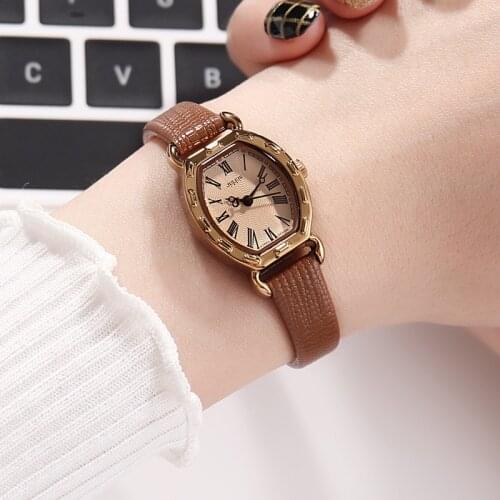 Womens Fashion Tonneau shape dial Watch Waterproof Small Delicate thin leather watchband Watch lady Wrist quartz Watch