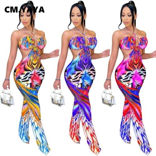 CM.YAYA Women Paisley Halter Neck Open Back Cut Out Jumpsuit Sexy Party Club Beach Straight Overall Sleeveless Romper Playsuit