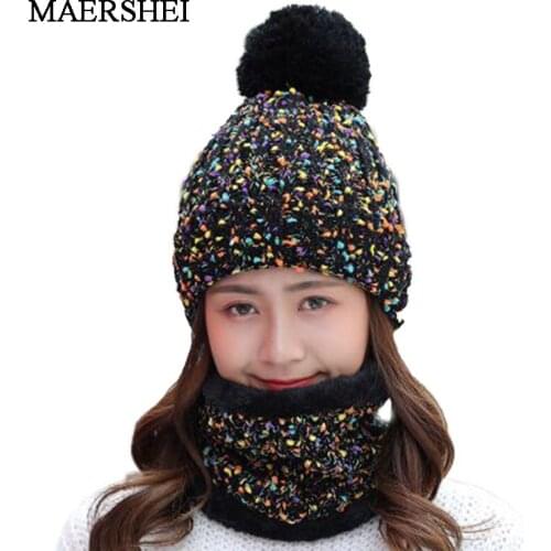 Woman Knit Beanie Hat and Scarf Set Hairball Pom Pom Hats Female Thick Hat 2pcs Winter Warm Cute Girls Fashion Cap Collar Suit