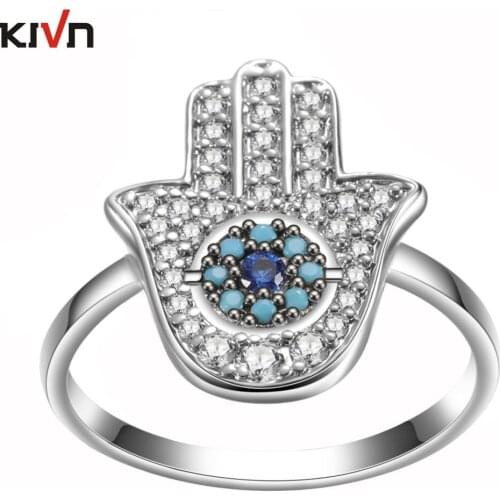 Womens Fashion Jewelry CZ Cubic Zirconia Turkish Blue Eye Hamsa Hand Wedding Engagement Ring for Girls Birthday Christmas Gifts