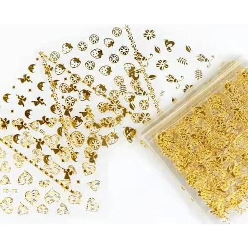 30pcs Nail Art Sticker Gold Silver 3D Hollow Decals Mixed Designs Adhesive Flower Nail Tips Letter Butterfly Nail Decoration