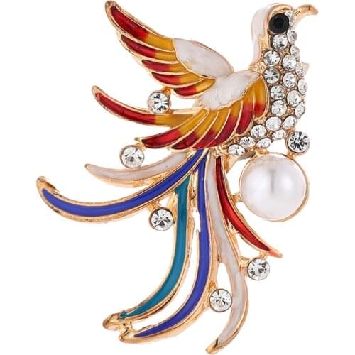 Auspicious Color Bird Crystal Brooch Pin Enamel Gold Color Metal Scarf Pins Women Kids Suit Clothes Accessories Jewelry