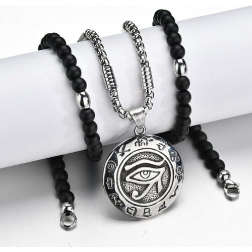 Hip Hop Egyptian Sun Eye Of Horus Pendant Necklace 316L Stainless Steel Black Beads Chain Necklace