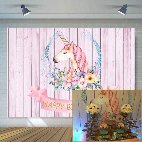 Mehofoto Pink Unicorn Photography Backdrops, Wood Floor Backgrounds for Photo Studio Happy Birthday Party Backdrop Props 825