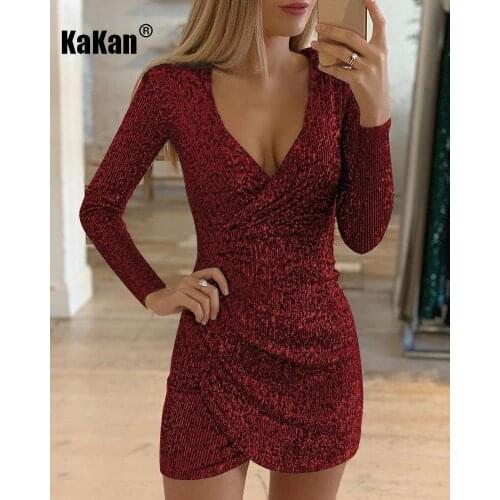 KaKan European and American Sexy V-neck Bag Hip Irregular Short Sequin Dress 2020 New Dress