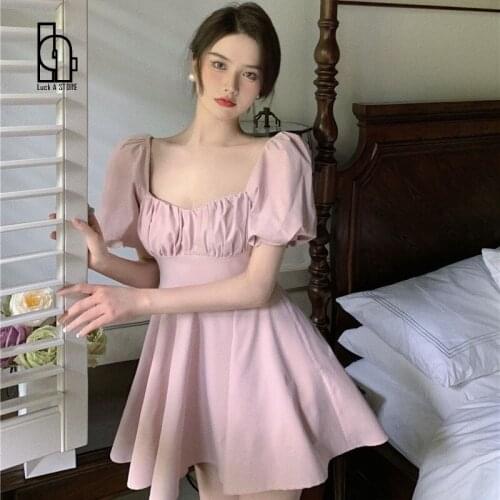 Sweet Vintage Summer Dresses 2021 Women Casual Korean Style Solid Elegant Mini Dress Female Party Puff Sleeve Sexy Square Collar