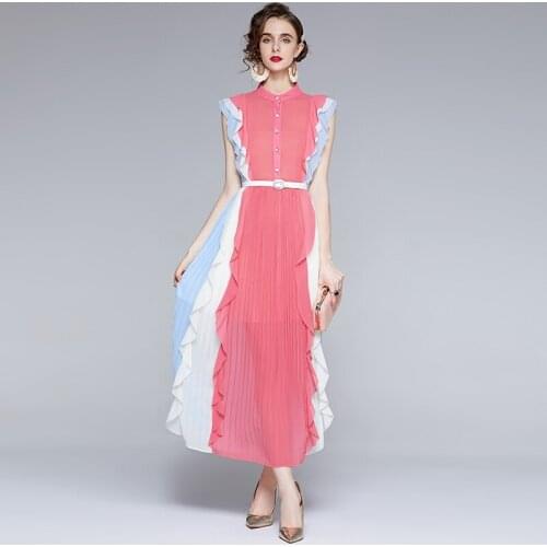 Menahem S-XXL Summer Colorblock Rainbow Gradient Pleated Dress Womens Sleeveless Ruffles Belted Holiday Chiffon Maxi Vestidos