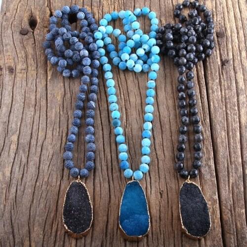 RH Fashion Boho Jewelry Natural Stones Long Knotted With Druzy Drop Pendant Necklaces Women Necklace Gift Dropship