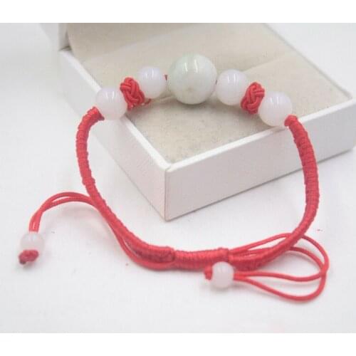 Genuine Natural Green A Jadeite Round Beads with Red Cord Handmade Bracelet